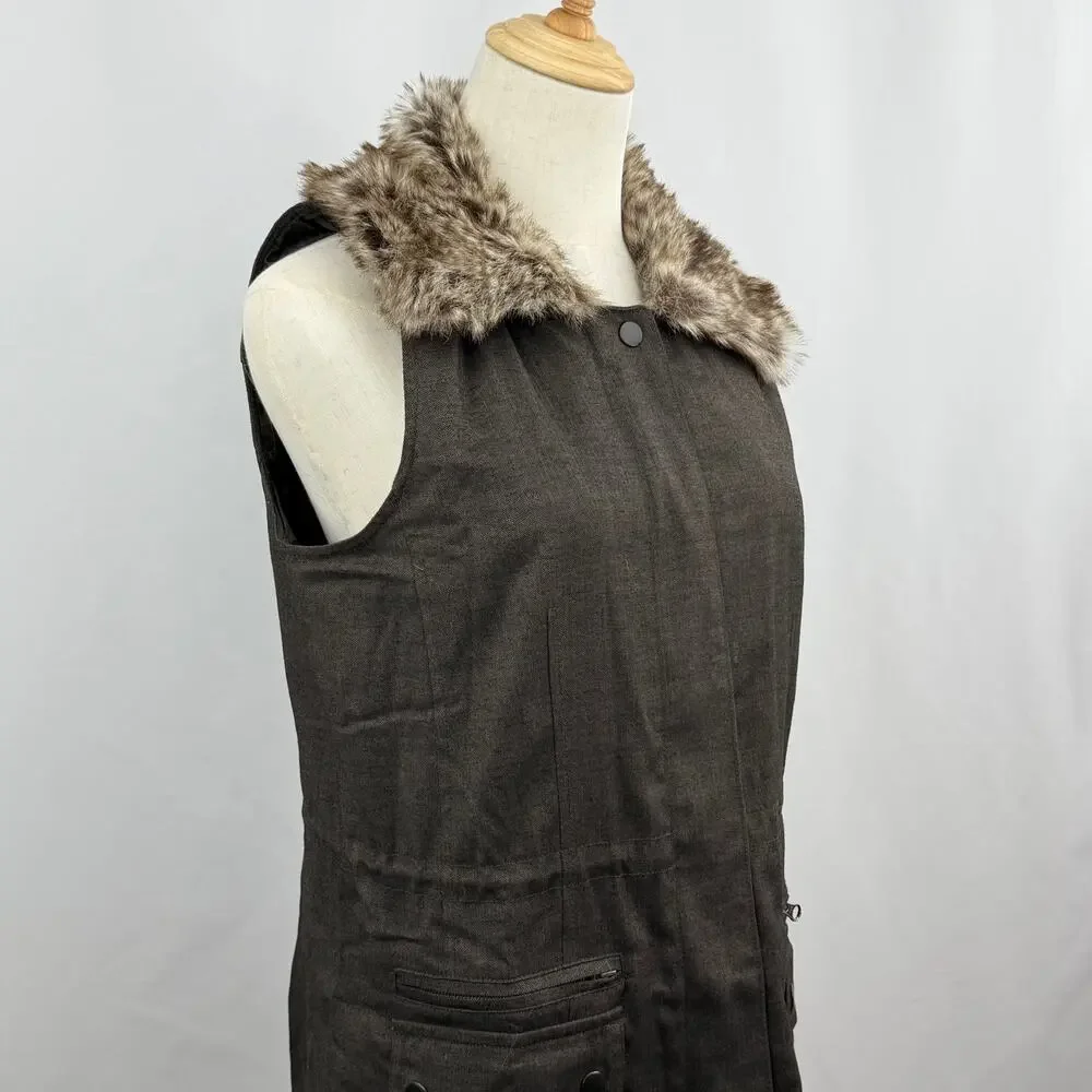 J Jill Faux Fur Collar Vest Womens XS Brown Herringbone Utility Zip Snap Waist